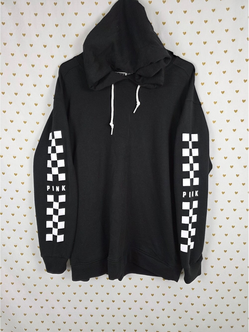 Victorias Secret Pink Checkered Campus Pullover Hoodie black Large
